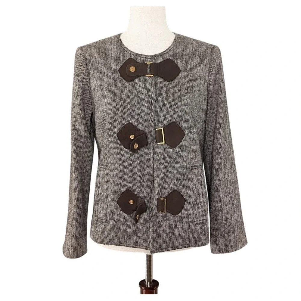 Tory Burch Wool Herringbone Jacket Size 6 Brown Leather Snap Equestrian‎ Luxury